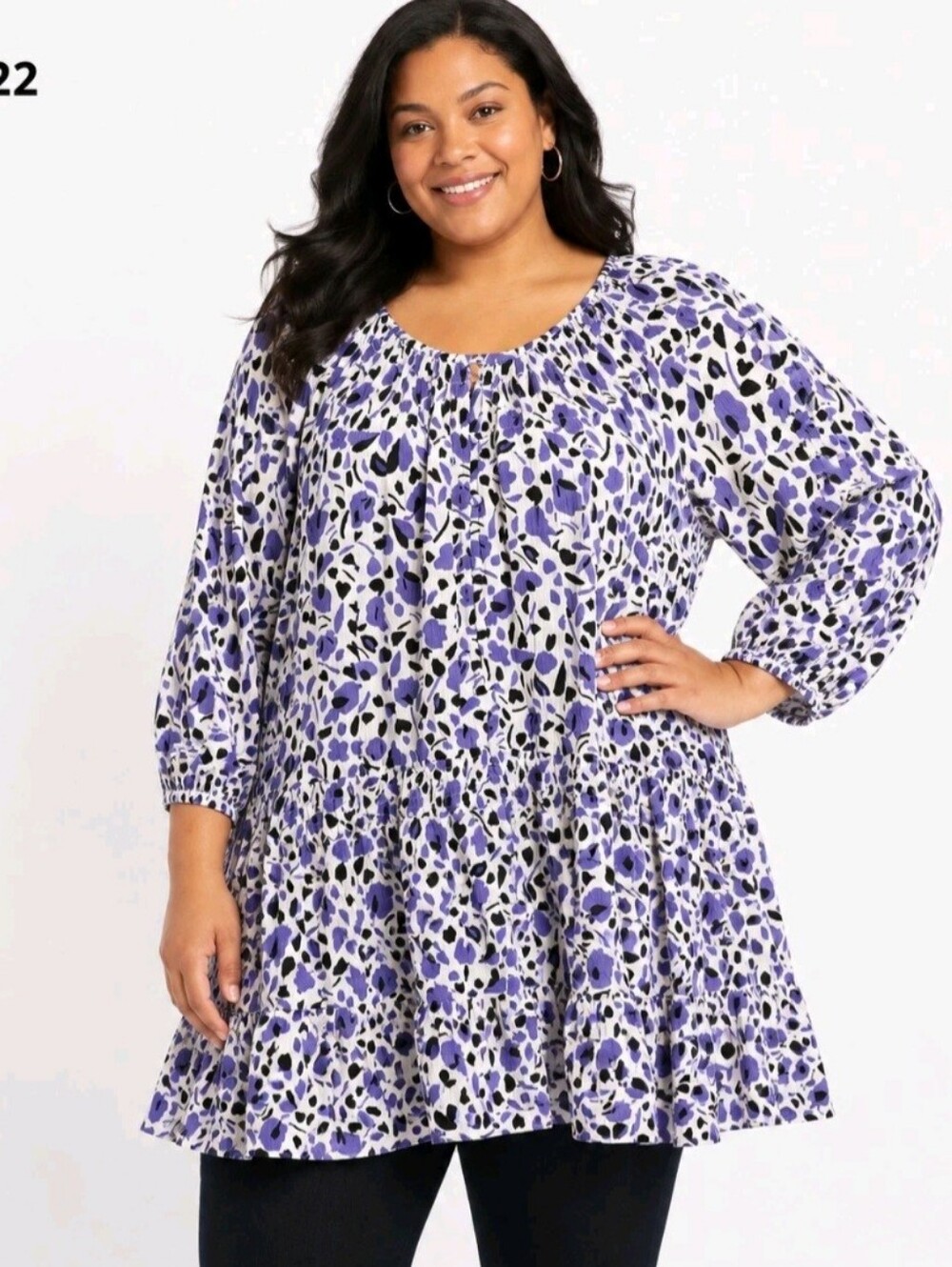 Lane Bryant Size 22 Top Purple Black Floral Tunic Blouse Peasant Boho Babydoll
